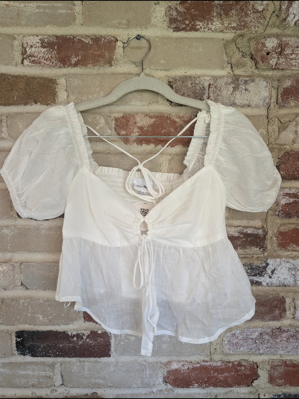 Women's White Puff Sleeve Tie-Front Blouse